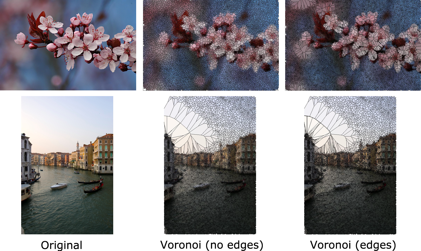 Voronoi art examples: cherry blossoms and Venetian canal